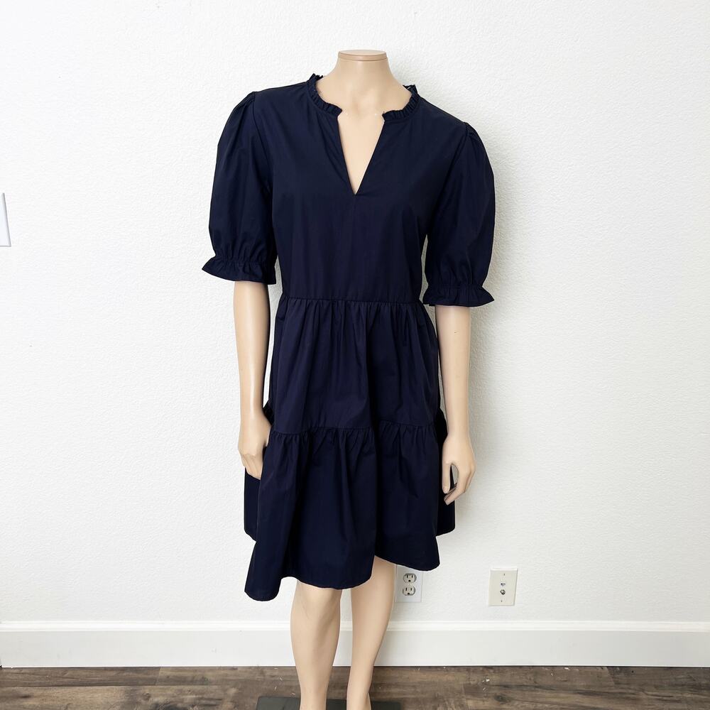 [Primark] Navy Blue Puff Sleeve Tiered Babydoll V-Neck Mini Smock Dress Size 14